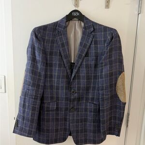 Joseph Abboud Navy Checkered Blazer with Tan Elbow Patches